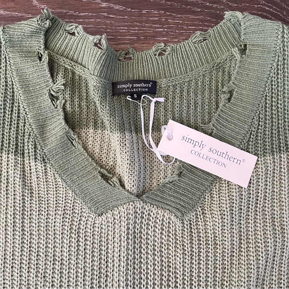 SIMPLY SOUTHERN Distressed OD Green Color-block Size Small Knit Sweater NWT - Picture 6 of 7